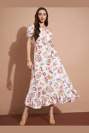 DressBerry White Floral Printed Off-Shoulder Gathered Fit & Flare Midi Dress
