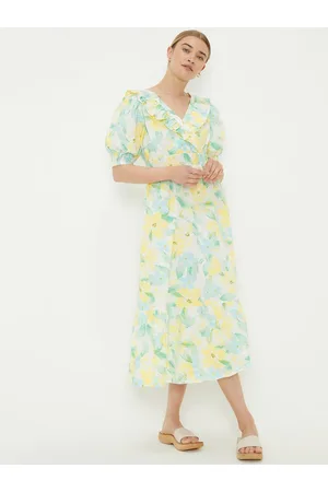 Dorothy Perkins Floral Print Ruffled Cotton A-Line Midi Dress