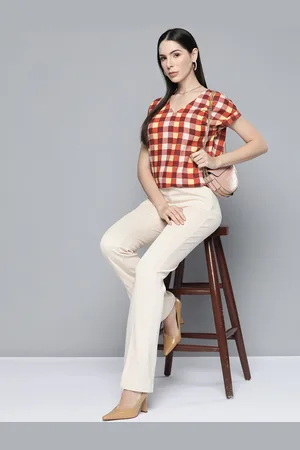 Chemistry Women Dusty Pink & Rust Orange Checked Extended Sleeves Top