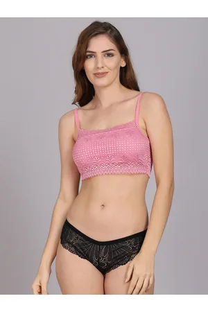 Buy PrettyCat Orange Self Design Lace Bra & Panty Set For Women