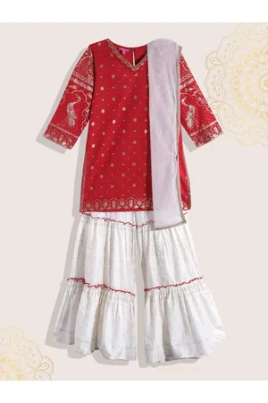 Biba Girls Red & Gold Ethnic Motifs Printed Cotton Straight Kurta with Sharara Dupatta