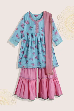 Biba Girls Blue & Pink Floral Printed Pleated Kurta with Sharara & With Dupatta