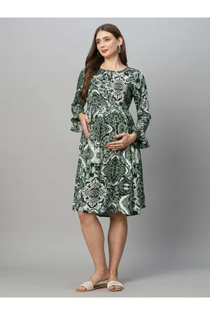 MomToBe Ethnic Motifs Printed Bell Sleeve Maternity Fit & Flare Dress