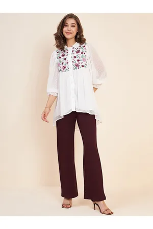 Antheaa White Self Design Embroidered Top & Trousers