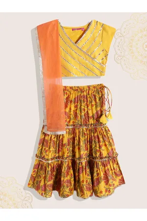 Biba Girls Yellow & Gold-Toned Embroidered Ready to Wear Lehenga & Blouse With Dupatta