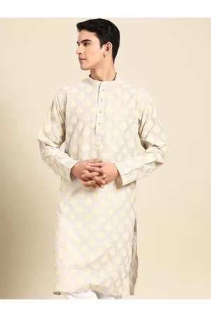 MANQ Floral Embroidered Mandarin Collar Thread Work Straight Kurta