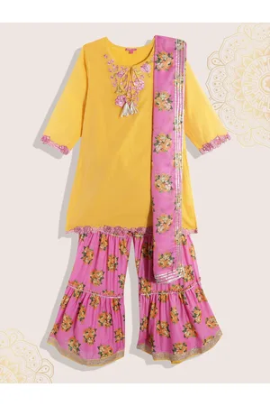 Biba Girls Mustard Yellow & Pink Yoke Design Straight Kurta with Sharara & With Dupatta