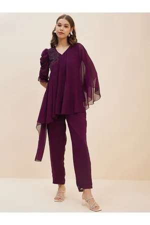 Antheaa Purple Embellished Top With Trousers
