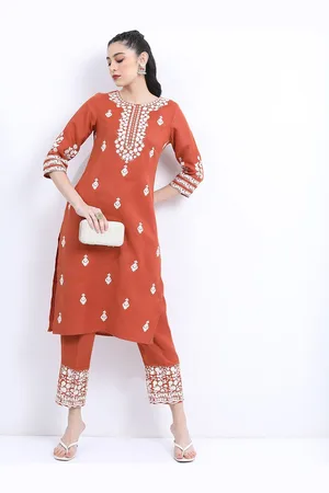 Ketch Floral Embroidered Regular Thread Work Straight Kurta With Palazzos