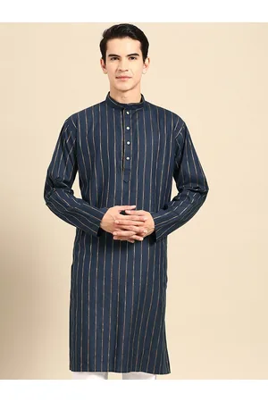 MANQ Striped Printed Band Collar Long Sleeve Straight Cotton Kurta