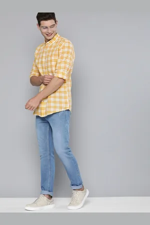 Mast & Harbour Men White & Yellow Opaque Checked Cotton Linen Casual Shirt