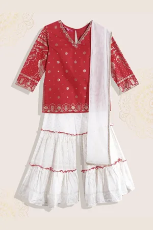 Biba Girls Red & White Ethnic Motifs Print Pure Cotton Kurti with Sharara & Dupatta