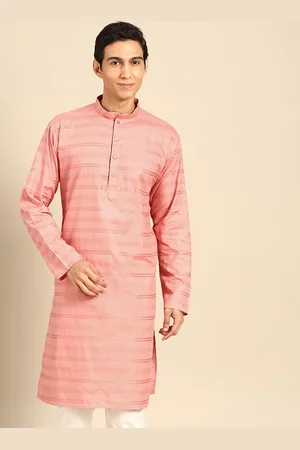 MANQ Striped Printed Band Collar Long Sleeve Straight Cotton Kurta