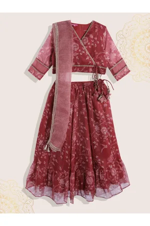 Biba Girls Red & Pink Floral Printed Ready to Wear Lehenga & Blouse With Dupatta
