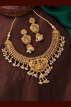 ESTELE Gold plated CZ Divine Lakshmi Ji Bridal Necklace set with Pearls for Women