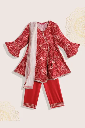 Biba Girls Red & White Bandhani Print Angrakha Gotta Patti Kurta with Trousers & Dupatta