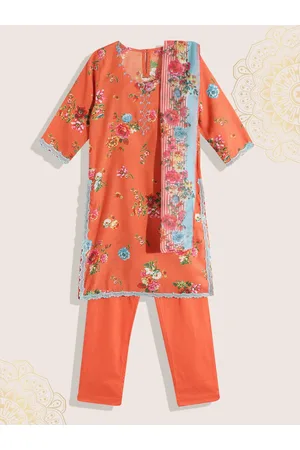 Biba Girls Orange & Pink Floral Print Kurta with Trousers & Dupatta