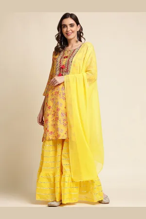 Sangria Floral Printed Thread Work Straight Pure Cotton Kurta and Sharara With Dupatta