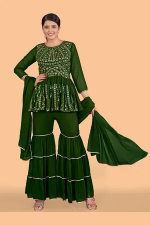 CHANSI Floral Embroidered Kurti & Sharara With Dupatta