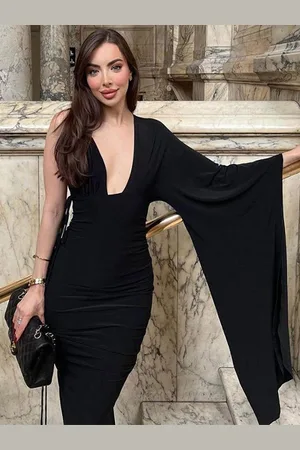 LULU & SKY Asymmetric Neck Flared Sleeves Knitted Bodycon Dress