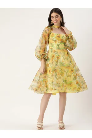 Ethnovog Floral Print Choker Neck Puff Sleeve Fit & Flare Dress