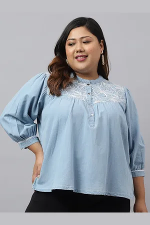 Janasya Plus Size Lace-Insert Detailed Mandarin Collar Puff Sleeve Top