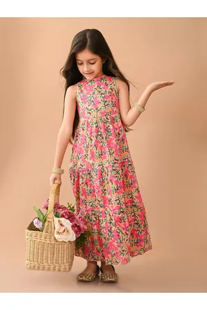 LilPicks Girls Floral Printed Sleeveless Tiered Cotton Maxi Dress