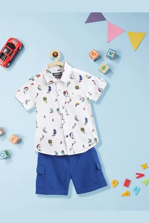 Nauti Nati Boys White & Navy Blue Printed Pure Cotton Shirt with Shorts