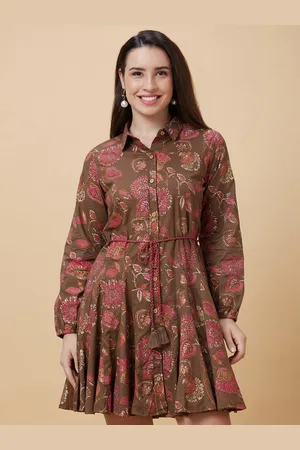 Globus Brown Floral Printed Shirt Collar Long Sleeve Belted Cotton A-Line Midi Dress
