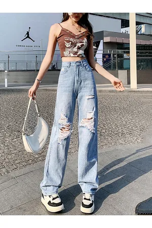 LULU & SKY Women Wide Leg High-Rise Highly Distressed Heavy Fade Jeans