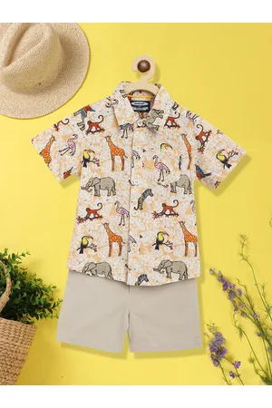 Nauti Nati Boys Beige & Orange Printed Pure Cotton Shirt with Shorts