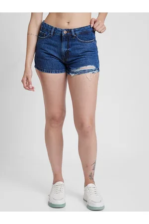 SPYKAR Women Washed Slim Fit Mid Rise Distressed Cotton Denim Shorts