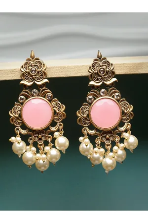 ADIVA Gold-Plated Stone-Studded & Pearl Beaded Floral Drop Earrings
