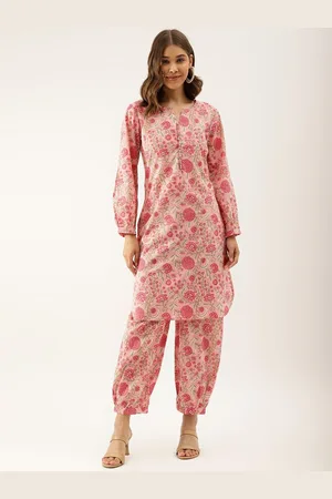 Divena World Women Pink Floral Printed Regular Pure Cotton Kurta with Harem Pants