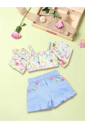 Nauti Nati Girls White & Blue Printed Pure Cotton Top with Shorts