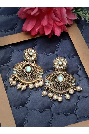 ADIVA Gold-Plated Stone Studded Antique Leaf Shaped Drop Earrings