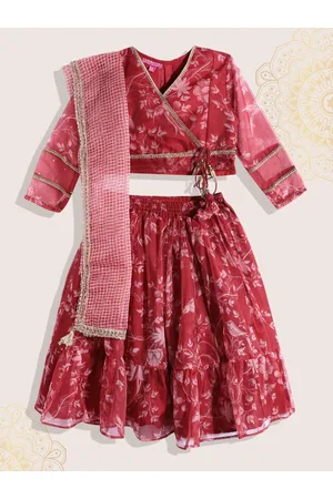 Biba Girls Rust Red & Pink Printed Ready to Wear Lehenga & Blouse With Dupatta