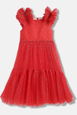 Blue Giraffe Girls Embellished Flutter Sleeves Gathered Tiered Fit & Flare Dress