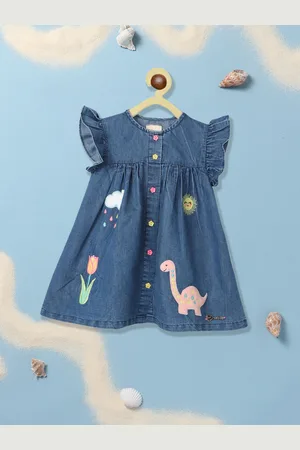 Nauti Nati Girls Applique Detailed Flutter Sleeve Pure Cotton Denim A-Line Dress