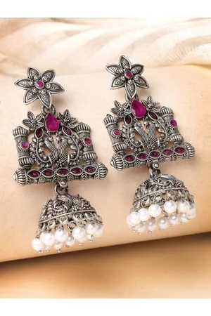 ADIVA Silver-Plated Peacock Shaped Stone Studded & Beaded Jhumkas