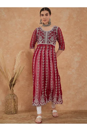 Sangria Floral Embroidered A-Line Kurta