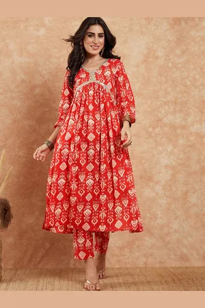 InWeave Red Ethnic Motifs Printed Gotta Patti Empire Pure Cotton Kurta with Trousers