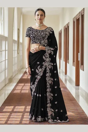 Trendmalls Floral Embroidered Embellished Silk Blend Saree