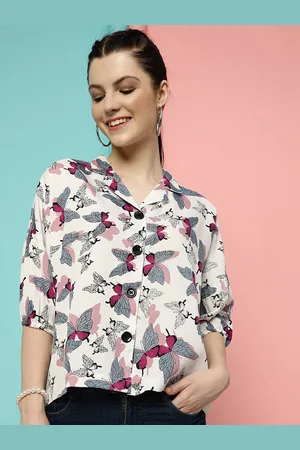DressBerry White Butterfly Printed Lapel Collar Crepe Shirt Style Top