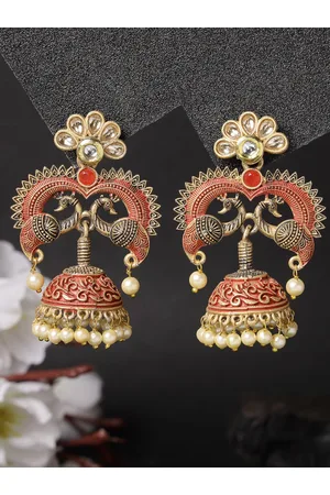 ADIVA Gold-Plated Kundan-Studded Peacock Shaped Jhumkas