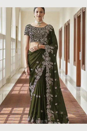 Trendmalls Floral Embroidered Embellished Silk Blend Saree