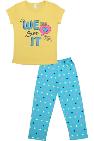 Clothe Funn Girls Typography Printed Pure Cotton T-shirt With Pyjamas