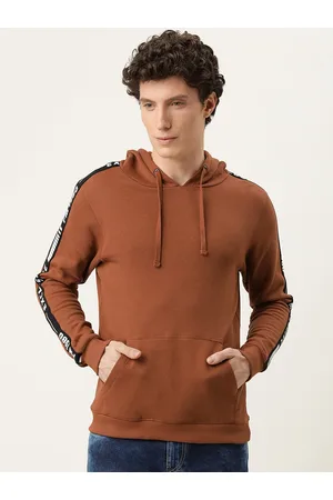 Flying Machine Men Brown Solid Pure Cotton Hooded Pullover Sweatshirt