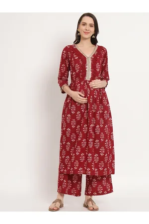 Aujjessa Floral Printed Pure Cotton Maternity Anarkali Kurta With Palazzos