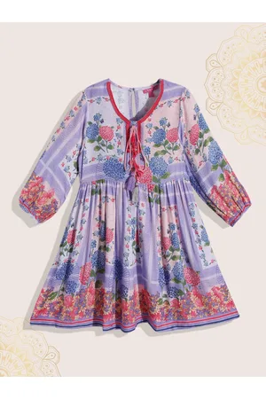 Buy BIBA Women's Lilac Cotton Tiered Printed Dress at
